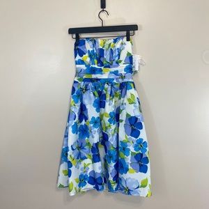 David’s Bridal Strapless Blue Floral Dress w/ Pockets | Size 4 | NWT
